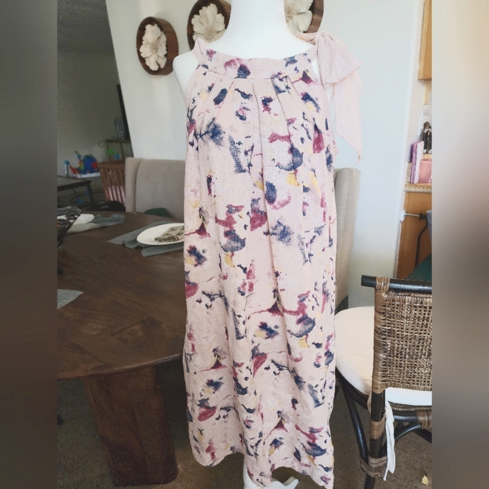 New! Pink Watercolor 100% Linen Trapeze Pullover Dress Colorful Summer MEDIUM